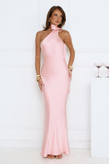Cinnamon Glaze Halter Satin Maxi Dress Pink