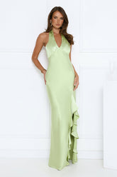 Satin Whirl Halter Maxi Dress Green