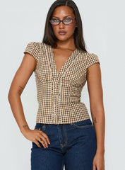 Bradlie Frill Detail Short Sleeve Blouse Top Chocolate Gingham