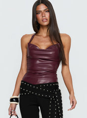 Thunderbolt Faux Leather Cowl Neck Top Plum