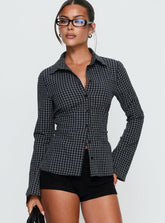 Eryx Tie Back Button Up Top Black Check