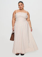 Persephone Shirring Linen Maxi Dress Pink Stripe Curve