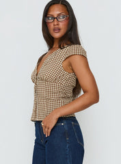 Bradlie Frill Detail Short Sleeve Blouse Top Chocolate Gingham