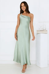 Romantic Tales Satin One Shoulder Maxi Dress Sage