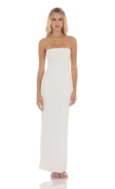 Roman Holiday Strapless Ruffle White Maxi Dress