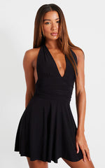 Black Double Layer Slinky Halter Neck Tie Back Shift Dress