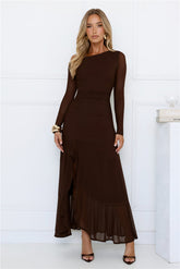 Chic Mesh One Shoulder Maxi Dress Brown