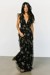 Natalia Floral Embellished Maxi Dress | Black + Gold