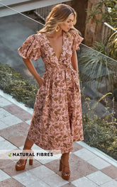 Amalie The Label - Franc Linen Puff Sleeve Wrap Midi Linen Dress - Int