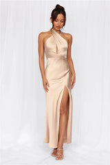 The Adeline Halter Satin Maxi Dress Champagne