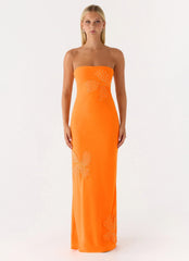 Sassafras Beaded Flower Strapless Maxi Dress - Orange