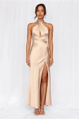 The Adeline Halter Satin Maxi Dress Champagne