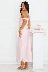 Stylish Season Off Shoulder Satin Midi Dress Pink