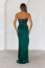 Opulent Obsession Strapless Satin Maxi Dress Green