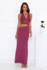 Sway In Moonbeams Halter Lace Maxi Dress Plum