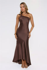 Romantic Affair Satin One Shoulder Maxi Dress Brown