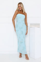 Sparkling Floral Embellished Strapless Maxi Blue