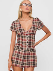 Odera Button Up Blouse Top Red Check