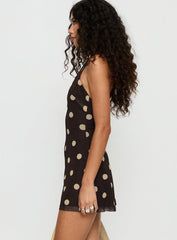 Hollywood Hills Plunge Neck Romper Brown Polka