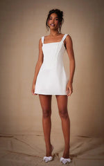 Premium White Woven Square Neck Lace Back Corset Dress