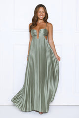 Just One More Look Satin Pleated Maxi Dress Sage