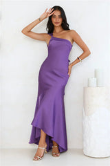 Romantic Affair Satin One Shoulder Maxi Dress Purple