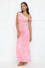 Sultry Poise Mesh Off Shoulder Maxi Dress Pink