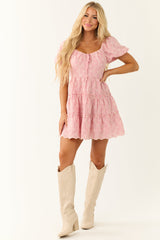 Baby Pink Floral Eyelet Puff Sleeve Tiered Mini Dress