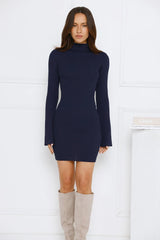 Isla Ribbed Long Sleeve Mini Dress Navy